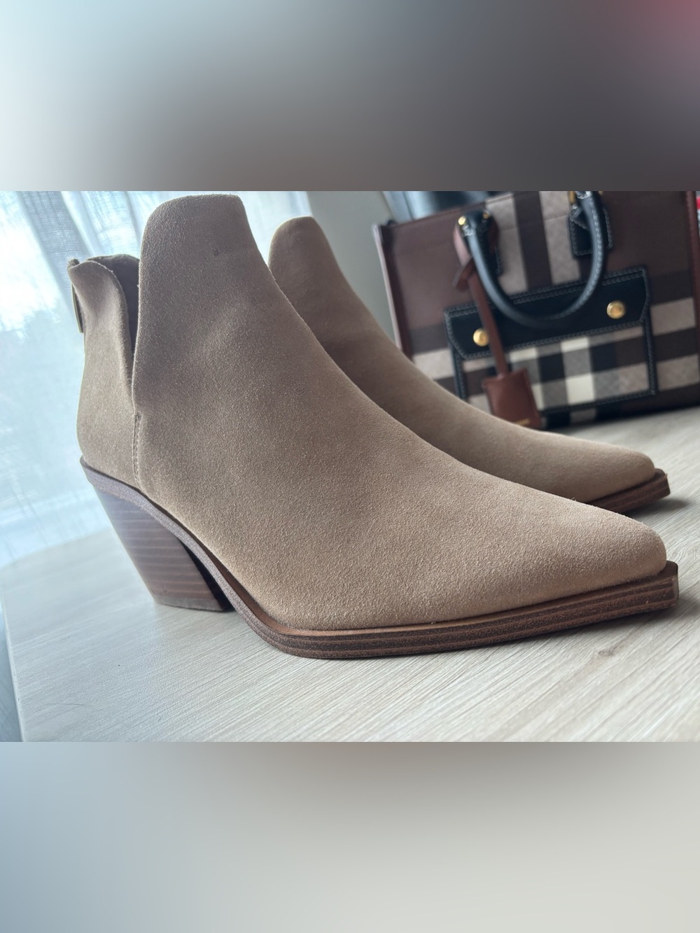 NWOT Vince Camuto Suede Ankle Bootie in Taupe - Women's Stylish Block Heel